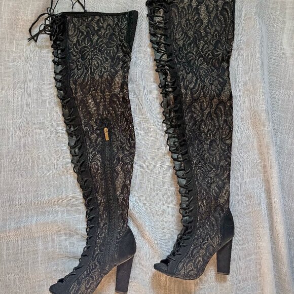 Sexy black lace thigh high heeled open toe boots for summer - Size 6 - Picture 1 of 3